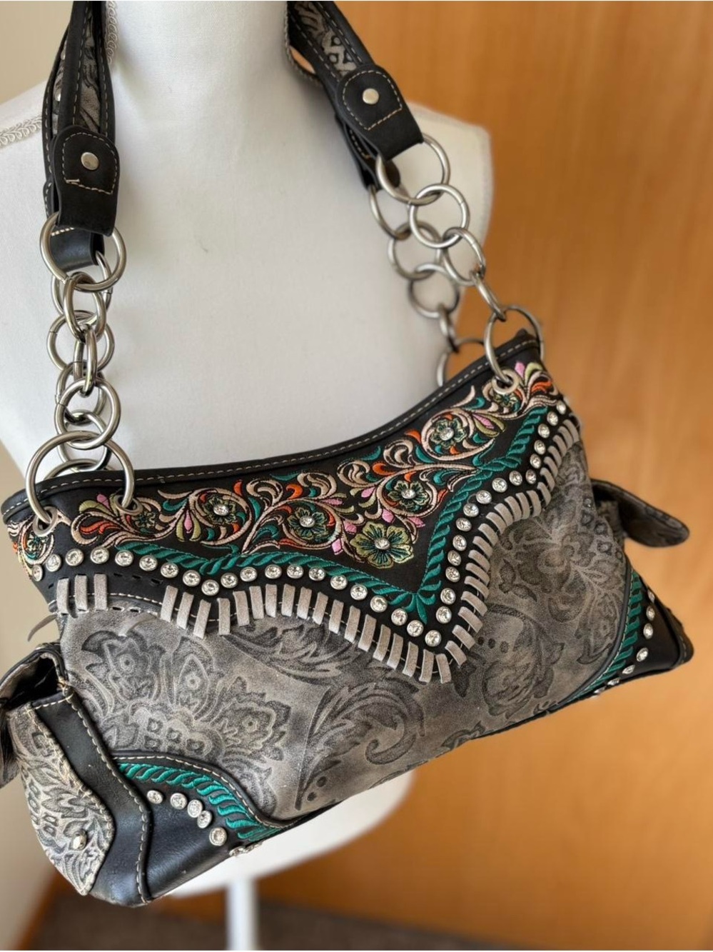 Montana West Teal, Gray and Black Embroidered Shoulder Bag